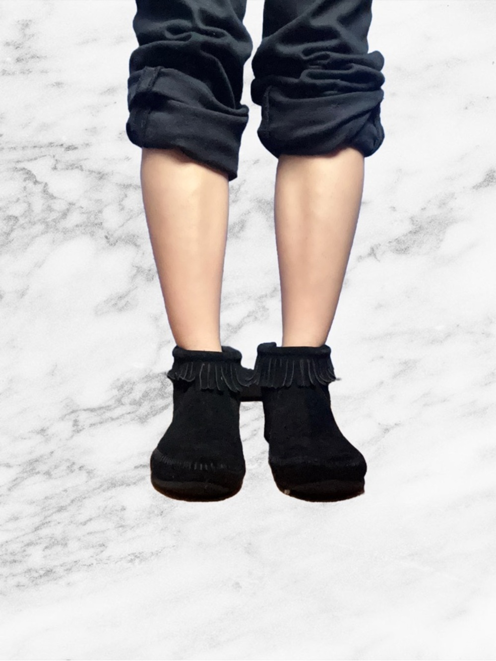 Black Suede Fringe Moccasins Ankle Boots - Women's